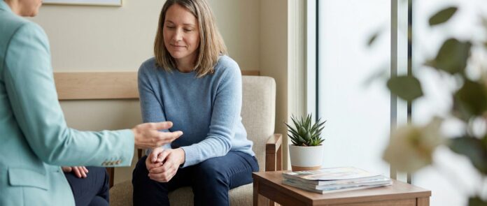 Cocaine addiction symptoms and warning signs—concerned adult speaking with a healthcare counselor in a calm clinic setting (cocaine addiction symptoms)