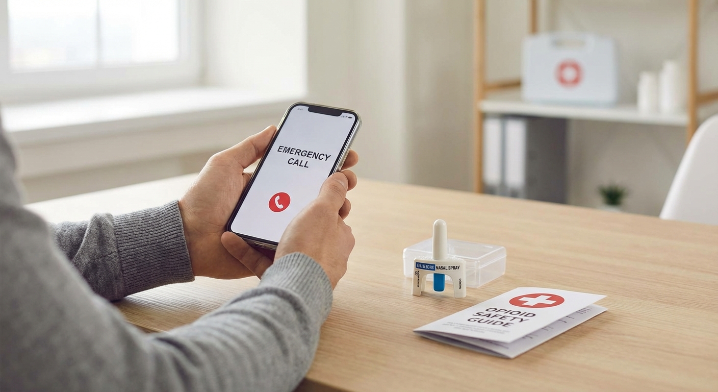 Cocaine overdose symptoms emergency response—hands holding phone ready to call 911 beside a naloxone kit (Narcan) for possible fentanyl contamination