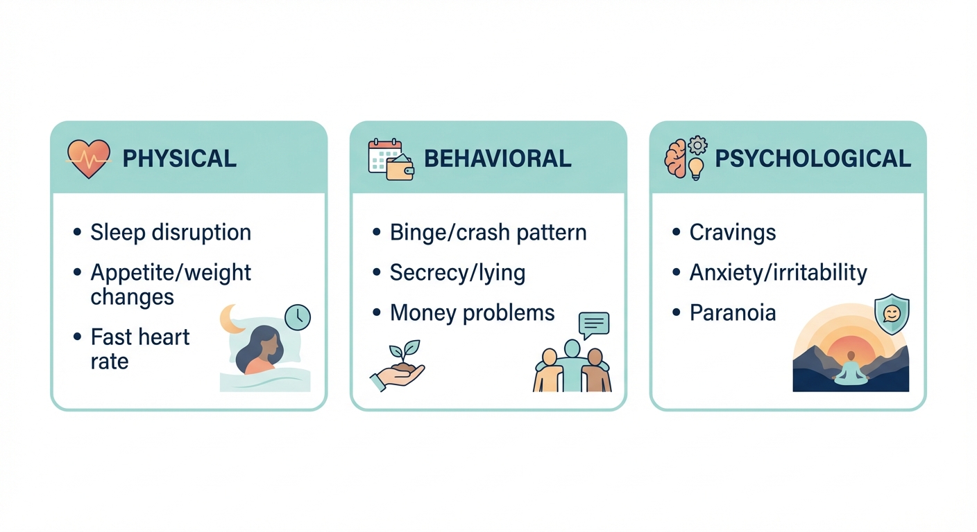 Cocaine addiction signs and symptoms checklist infographic showing physical, behavioral, and psychological symptoms (cravings, anxiety, sleep disruption)