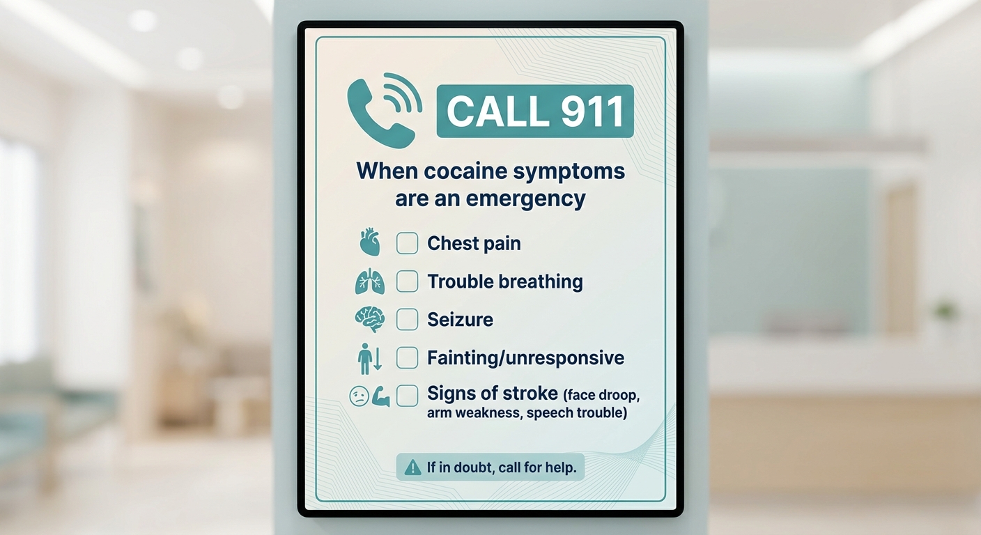 When cocaine symptoms are an emergency — call 911 warning sign with chest pain, trouble breathing, seizure, fainting, and stroke signs checklist