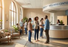 Community Rehabilitation Companies and Your Recovery Options A welcoming and modern community rehabilitation center lobby with a professional greeting a patient, symbolizing accessible addiction recovery support.