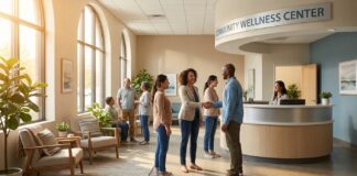 Community Rehabilitation Companies and Your Recovery Options A welcoming and modern community rehabilitation center lobby with a professional greeting a patient, symbolizing accessible addiction recovery support.