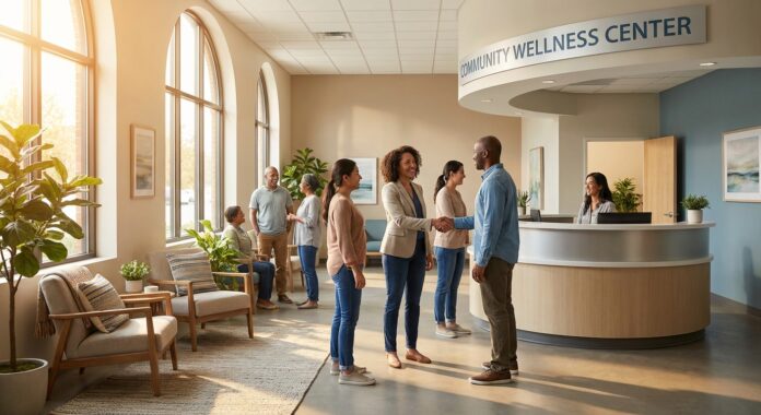 A welcoming and modern community rehabilitation center lobby with a professional greeting a patient, symbolizing accessible addiction recovery support.