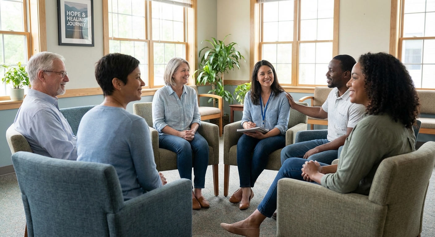 A diverse support group sitting in a circle sharing experiences in a safe community center environment, representing outpatient therapy and peer support.