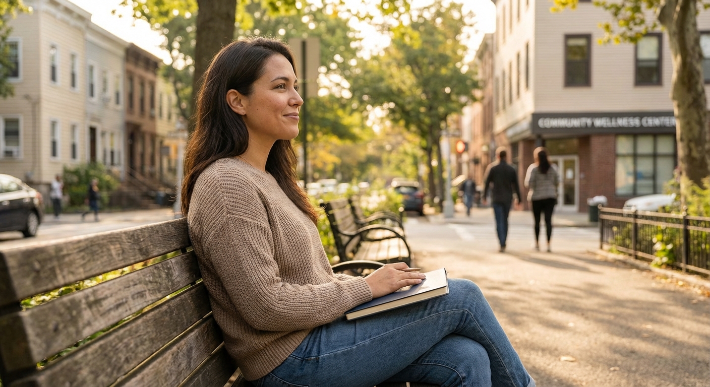A person in recovery sitting peacefully on a park bench in a neighborhood, reflecting on their journey and illustrating real-world application of coping skills.