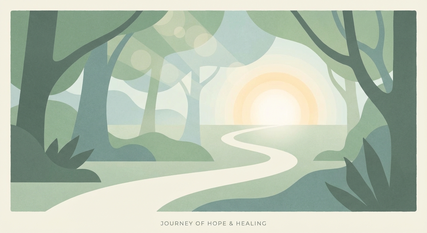 A peaceful path winding through a sunlit forest, symbolizing the step-by-step journey of recovery for IEHP members in San Bernardino.