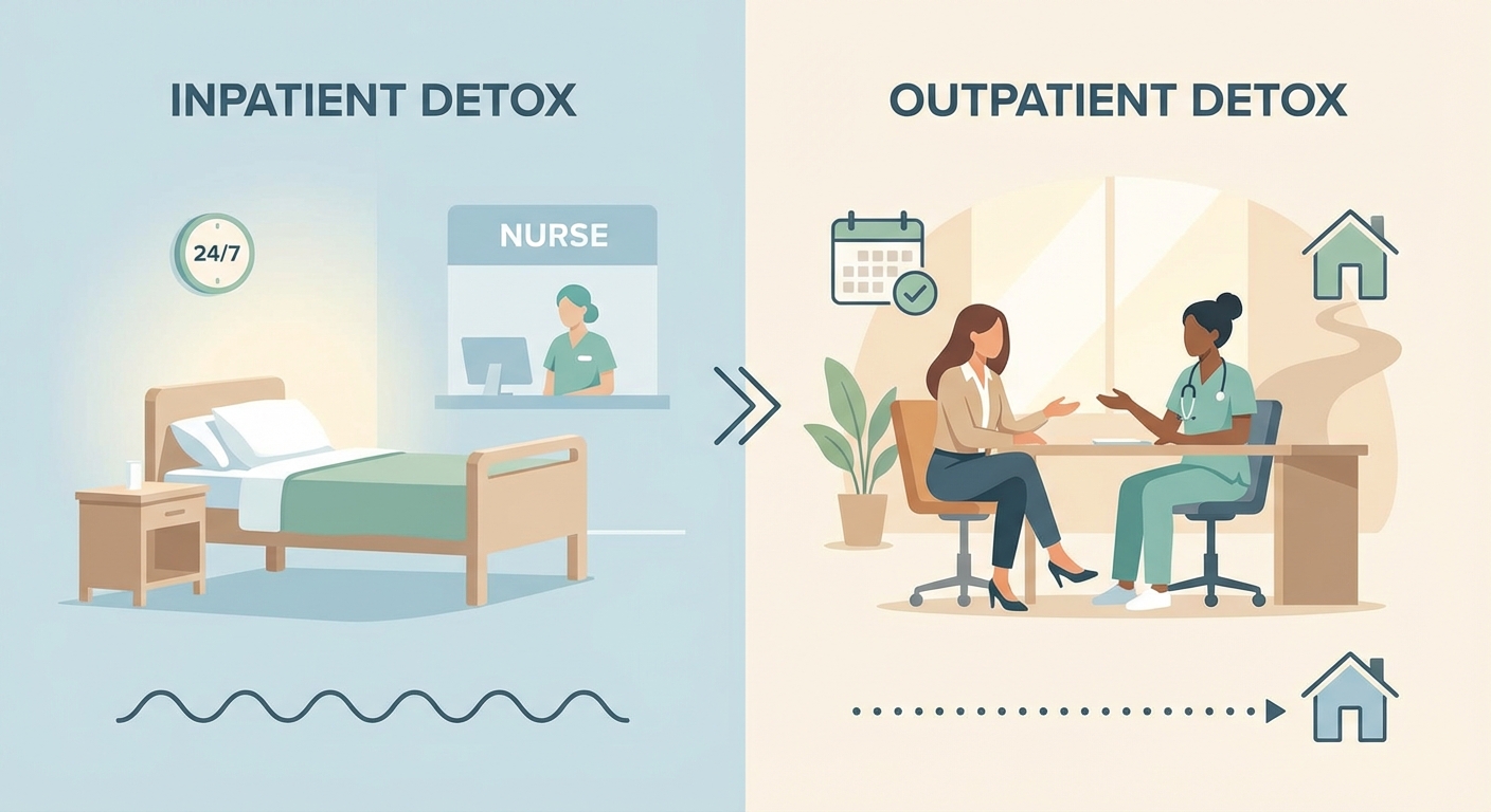 Side-by-side comparison of inpatient medical detox vs outpatient detox with IEHP, showing 24/7 monitoring and scheduled clinic check-ins