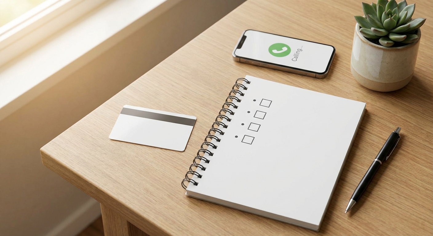 In-network rehab IEHP verification checklist—phone call, insurance card, and prior authorization for rehab planning on a desk