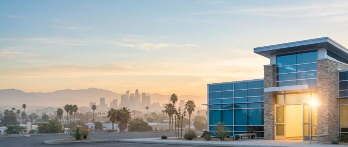 San Bernardino sunrise outside a modern clinic symbolizing hope and access to IEHP Medi-Cal detox and withdrawal management services