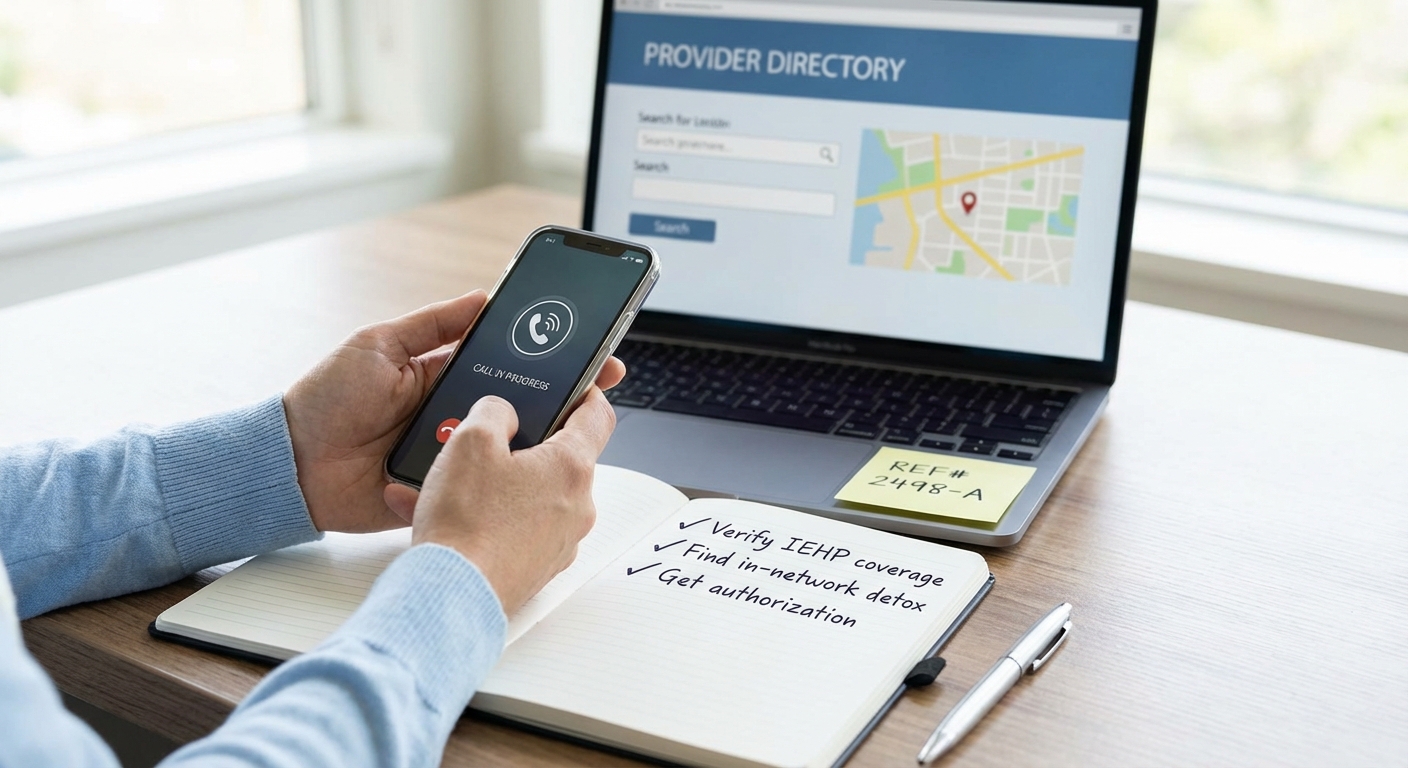 Calling IEHP behavioral health and checking the provider directory to confirm in-network detox in San Bernardino (Medi-Cal withdrawal management)