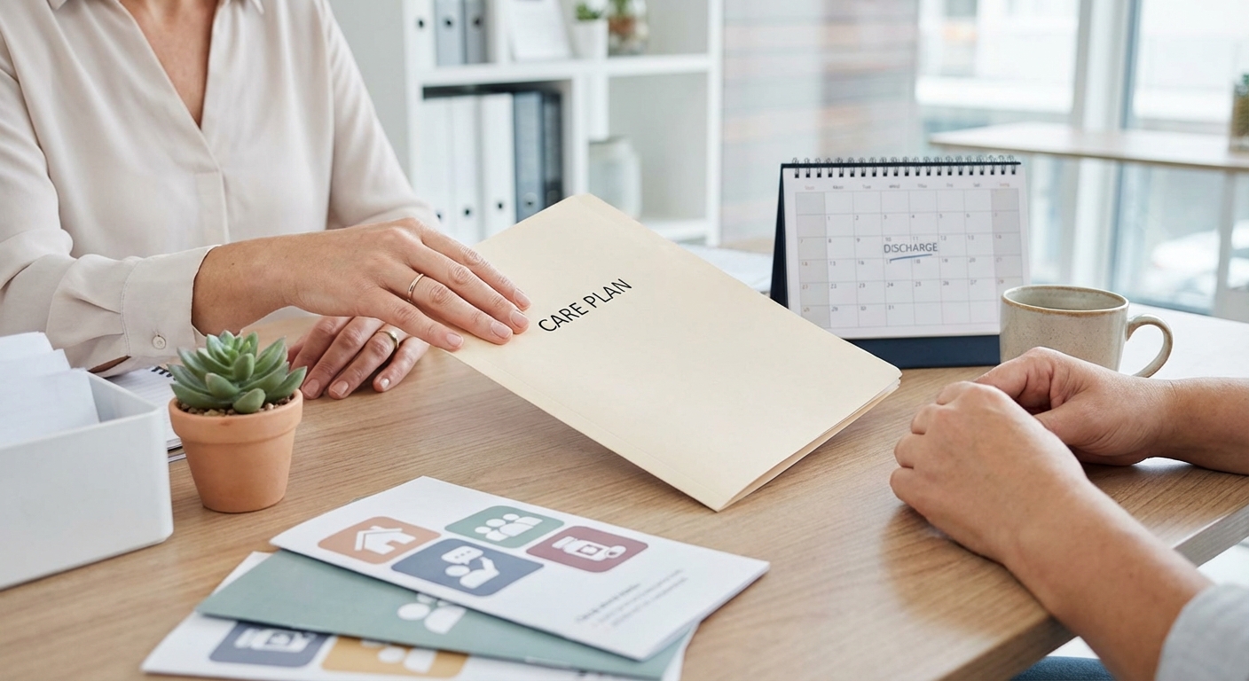 Clinician and patient reviewing a next-step care plan after medical detox, including rehab options like residential treatment and IOP