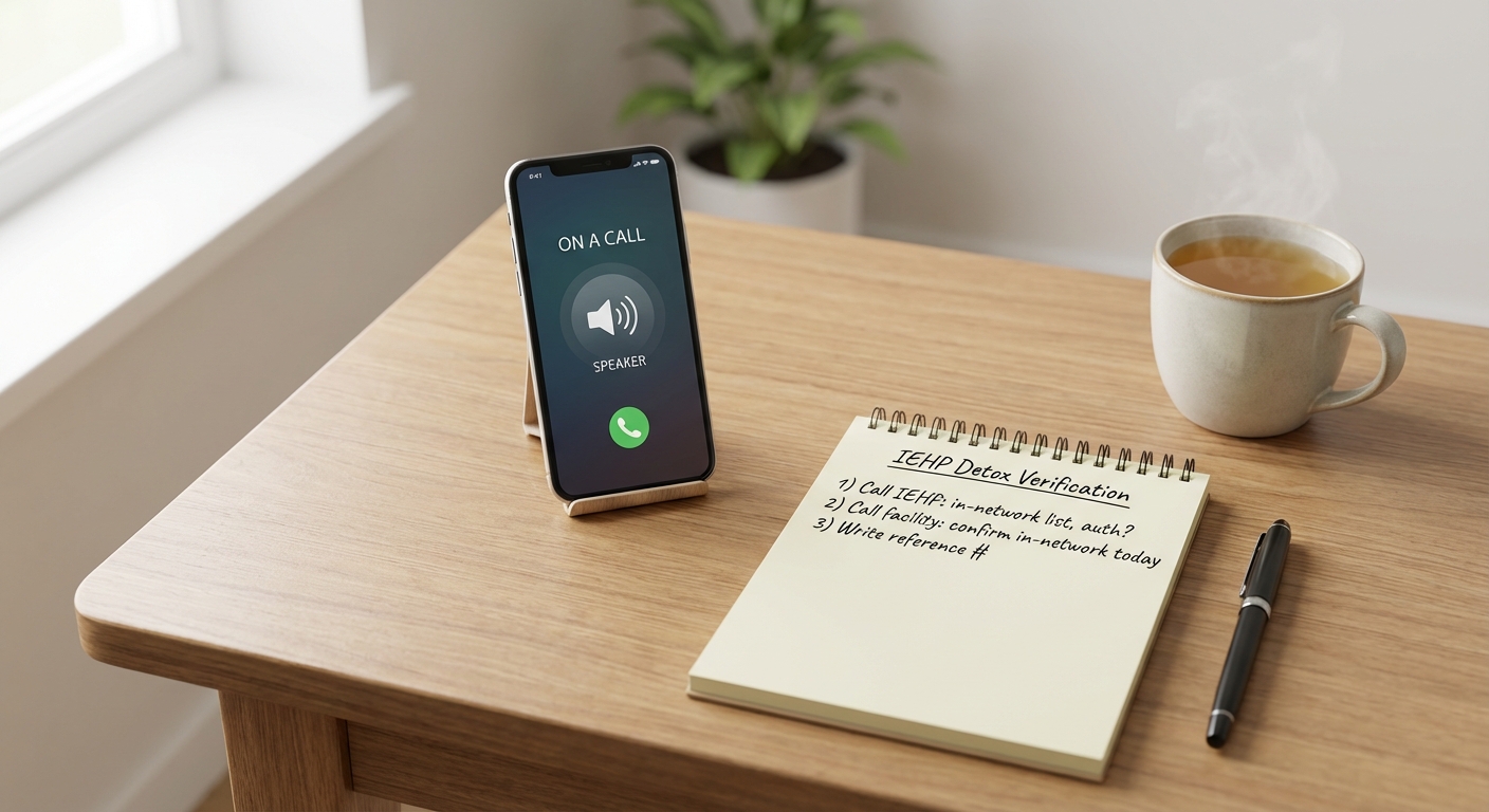 Phone and checklist showing how to verify an in-network IEHP detox program—call IEHP member services, confirm prior authorization, then confirm with detox admissions