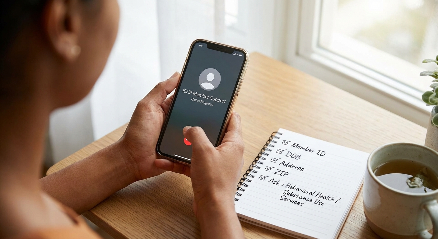 Phone call checklist for IEHP Member Services—member ID, address, and questions about behavioral health services and substance use disorder treatment covered by IEHP