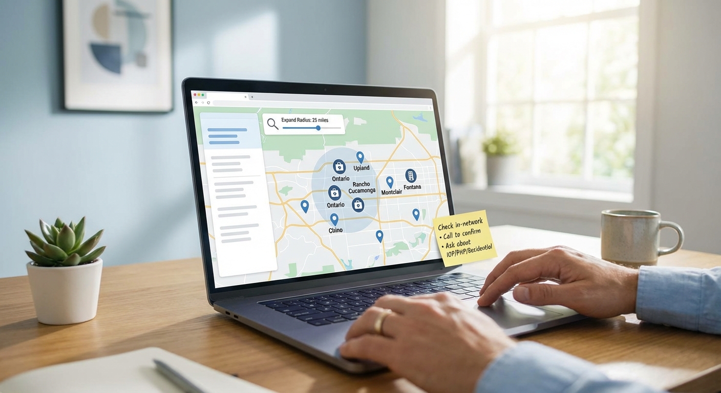 Using the IEHP provider directory near Ontario, CA with a map search expanded to nearby cities to find in-network behavioral health and rehab options