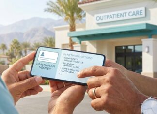 Detox Centers That Take IEHP and How to Get In Network Detox centers that take IEHP — hopeful in-network IEHP Medi-Cal detox search on smartphone near a clinic entrance in Southern California