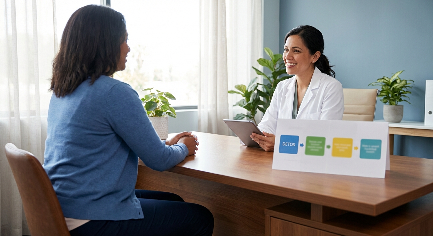 Addiction recovery care plan after withdrawal management — clinician and patient discussing next steps after detox (residential, IOP, outpatient support)