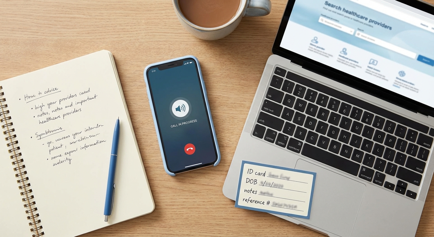 Calling IEHP Member Services and using the IEHP provider search—phone, notebook checklist, and laptop for addiction and mental health coverage steps