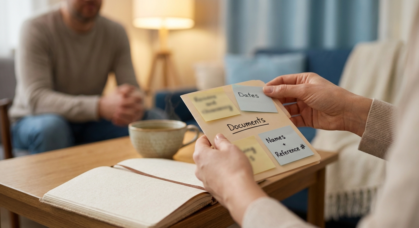 Organizing documentation for an IEHP prior authorization, denial, or appeal—notes with dates, names, and reference numbers to access medically necessary behavioral health care