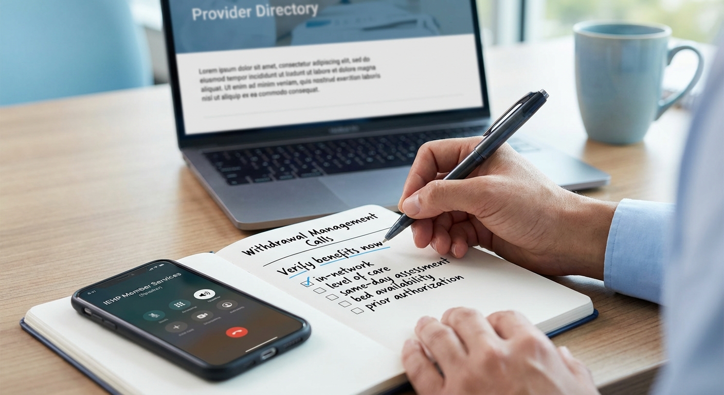 Checklist and phone call workflow to verify IEHP detox coverage, confirm in-network withdrawal management level of care, and ask about same-day assessment and bed availability