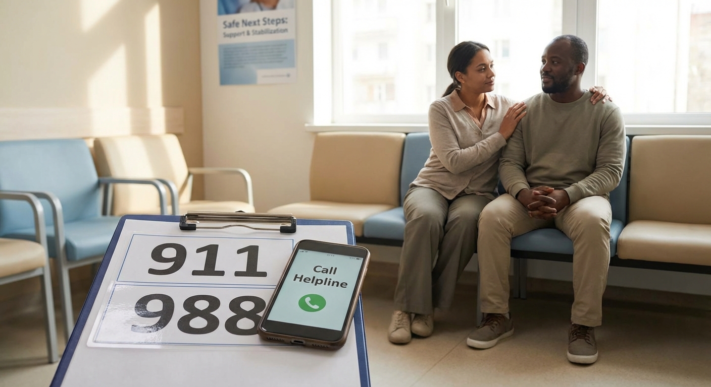 Supportive hospital waiting area scene showing safe next steps when no Medi-Cal detox bed is open today, including ER/911 and 988 crisis support resources