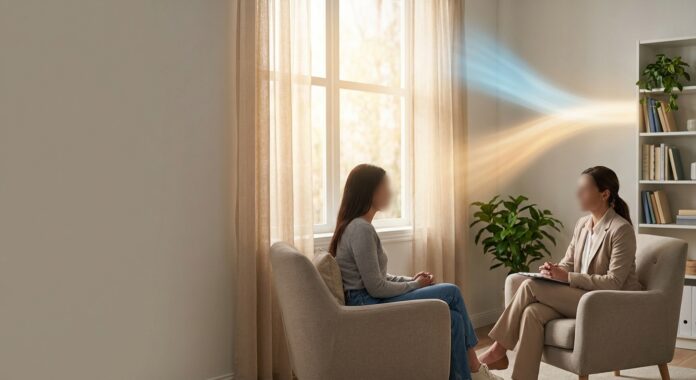 Co-occurring disorders and dual diagnosis care—therapist and client in a calm counseling office symbolizing integrated treatment for mental health and substance use disorder