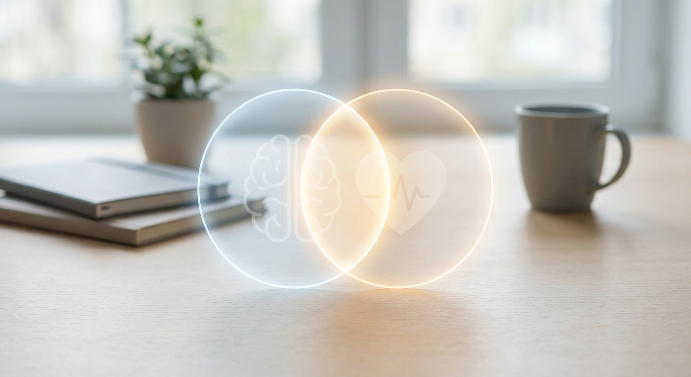Conceptual overlap showing co-occurring disorders—mental health and substance use disorder interacting, illustrating co-occurring meaning vs comorbidity