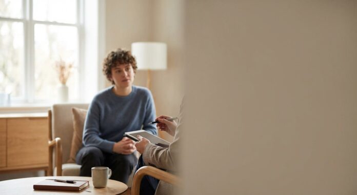 Co-occurring disorders (dual diagnosis) counseling session showing supportive, integrated mental health and addiction treatment in a calm therapy office