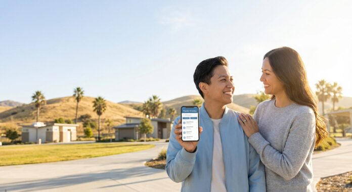 IEHP Murrieta behavioral health and substance use disorder (SUD) care guide—person using a provider directory on a phone with supportive companion in a hopeful Murrieta setting