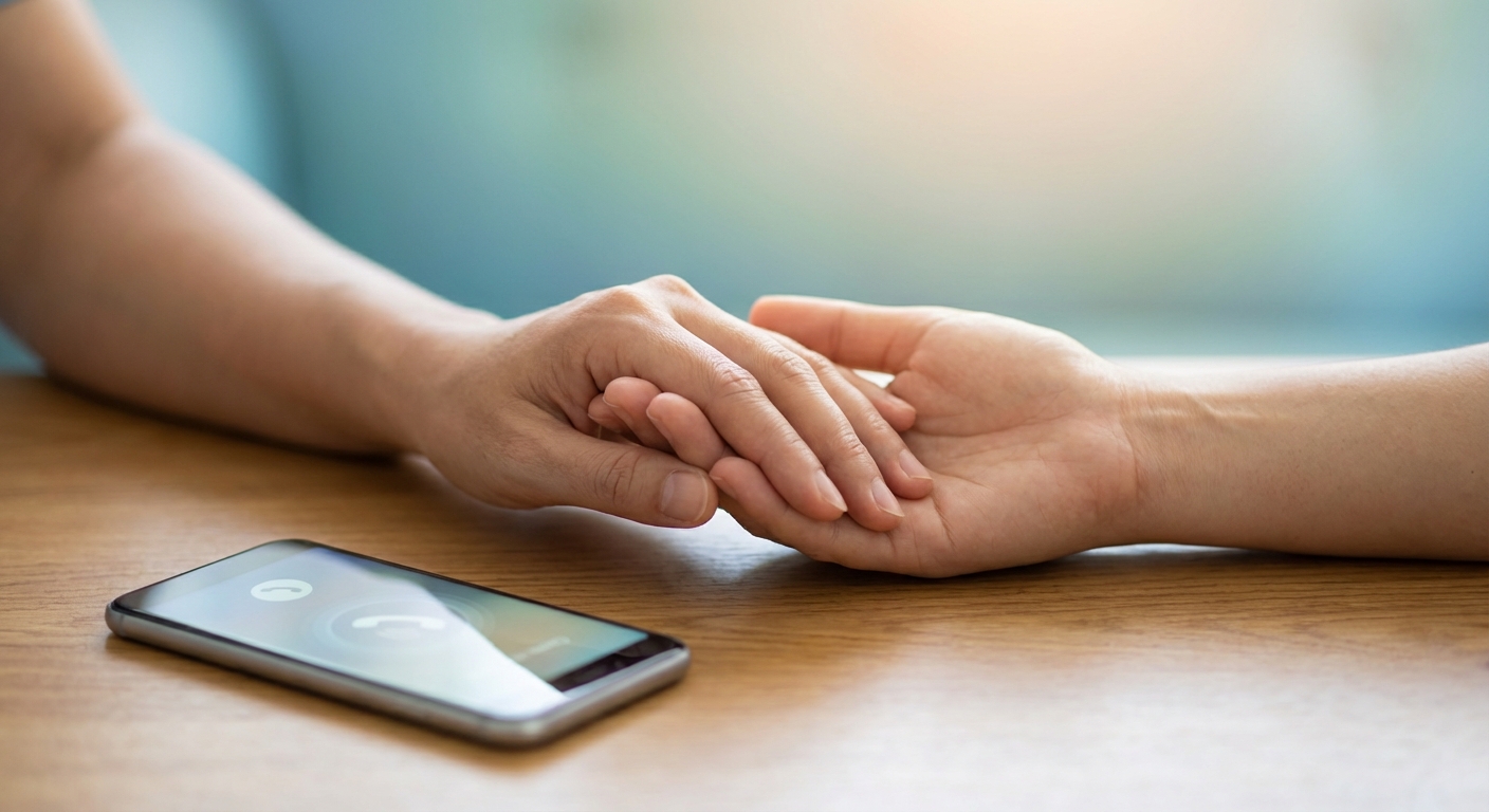 Crisis support for mental health and addiction—supportive hands beside a phone, conveying urgent help and hope in Murrieta