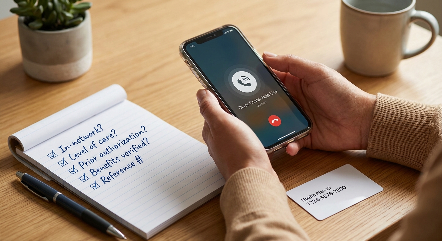 Calling to verify IEHP in-network detox: smartphone on speaker with checklist for benefits verification, level of care, and prior authorization