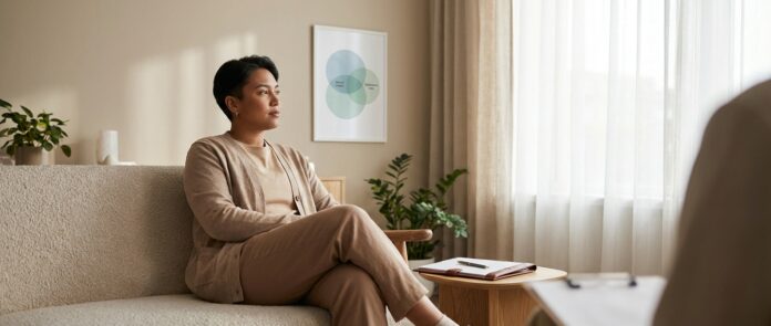 Co-occurring disorders and dual diagnosis care—person in a calm therapy office symbolizing integrated mental health and substance use disorder treatment