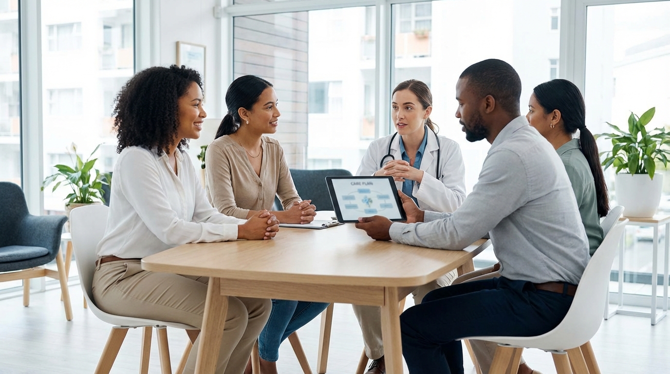 Integrated treatment for co-occurring disorders—coordinated care team reviewing a dual diagnosis treatment plan together