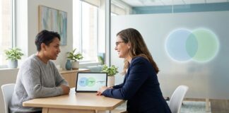 Co-Occuring Explained and How Dual Diagnosis Care Works Dual diagnosis integrated treatment for co-occurring disorders—clinician and patient reviewing a coordinated care plan in a calm outpatient setting