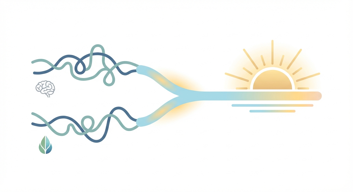 Co-occurring disorders recovery concept—mental health and substance use paths merging into one stable integrated treatment pathway