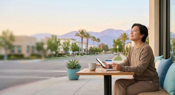 Hopeful Ontario, California resident using a smartphone and health insurance card to find IEHP Ontario rehab help and behavioral health services through IEHP Medi-Cal