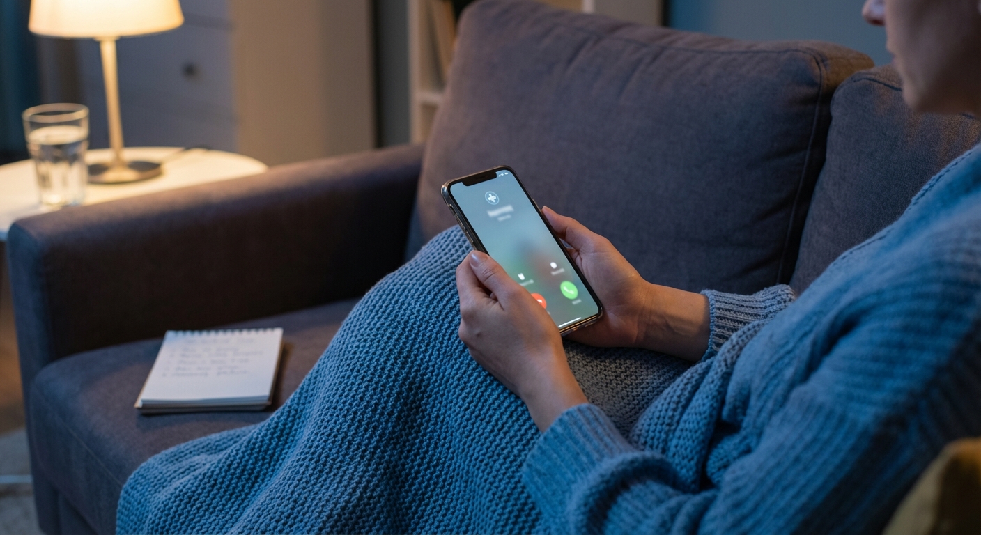 After-hours support concept showing a person calling for help at night, representing the IEHP Nurse Advice Line, 988 crisis support, and urgent guidance for Ontario CA rehab resources