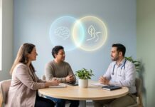 Co-Occuring Disorders and Integrated Treatment Options Integrated treatment for co-occurring disorders (dual diagnosis) showing a supportive care team helping a patient with mental health and substance use disorder recovery