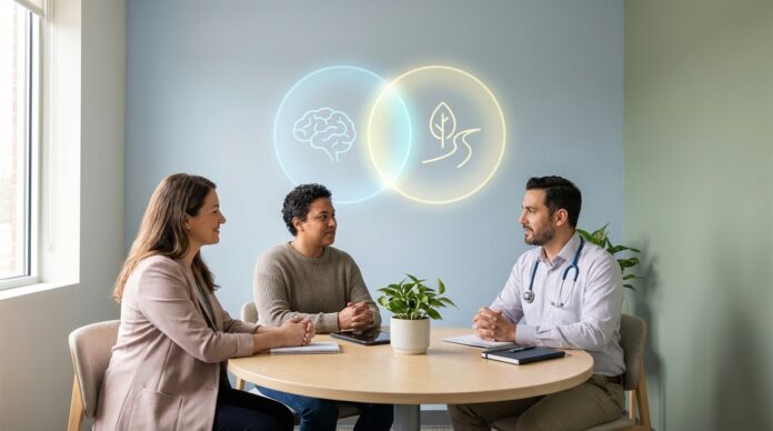 Integrated treatment for co-occurring disorders (dual diagnosis) showing a supportive care team helping a patient with mental health and substance use disorder recovery