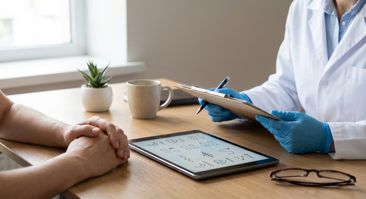 Dual diagnosis assessment with clinician and patient reviewing symptom screening for co-occurring mental health and substance use disorder