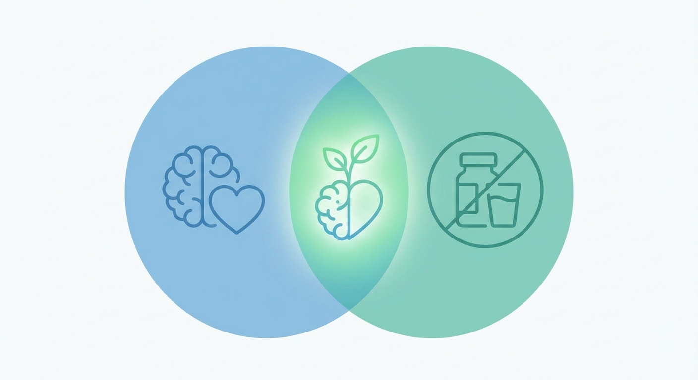 Minimal Venn diagram illustration showing mental health and substance use disorder overlap, representing co-occurring disorders and integrated treatment