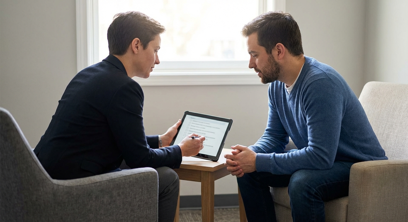 Clinician and patient reviewing an assessment checklist together for co-occurring mental health and substance use disorder evaluation and treatment planning