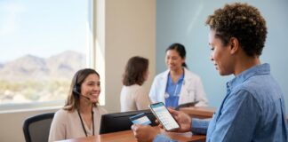 IEHP Hemet Guide to Care and Treatment Access IEHP Hemet guide to care access—patient using Medi-Cal insurance and provider search at a Hemet-area clinic reception for primary care, behavioral health, and substance use treatment