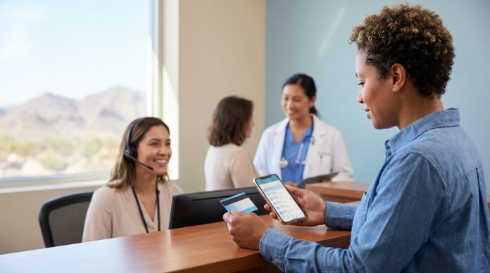 IEHP Hemet guide to care access—patient using Medi-Cal insurance and provider search at a Hemet-area clinic reception for primary care, behavioral health, and substance use treatment