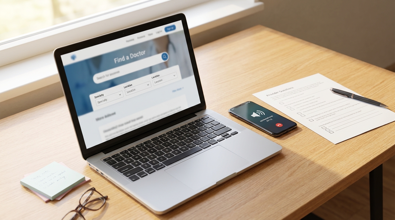 IEHP provider search and phone tips—laptop with Find a Doctor filters, smartphone call, and checklist for scheduling appointments in Hemet