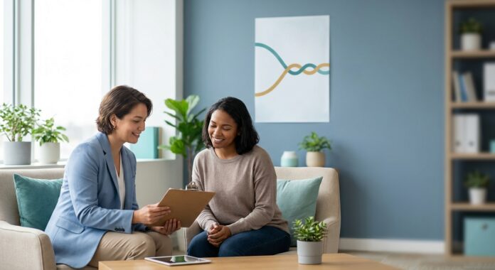 Co-occurring disorders and dual diagnosis treatment—clinician and patient reviewing an integrated care plan in a calm, supportive clinic setting