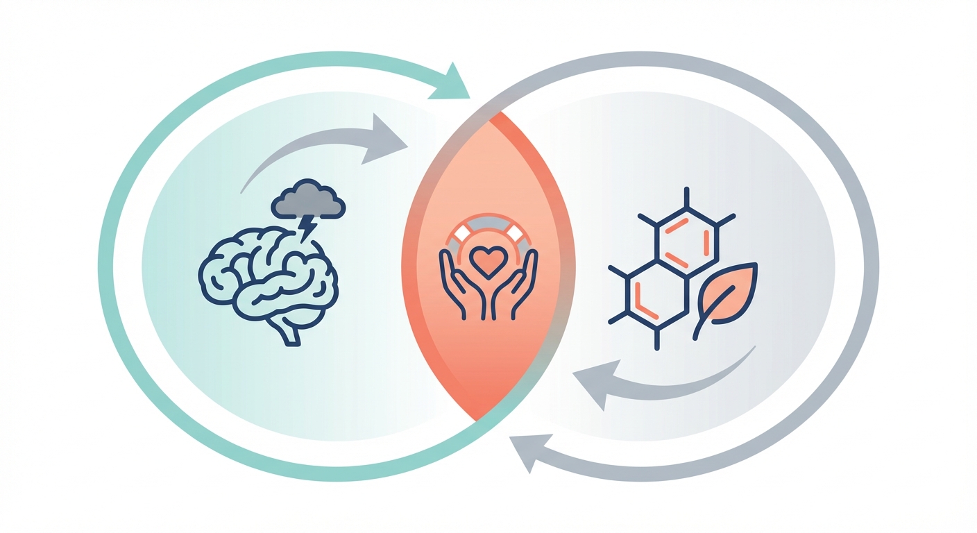 Diagram showing the co-occurring disorders feedback loop between mental health symptoms and substance use, highlighting integrated dual diagnosis treatment