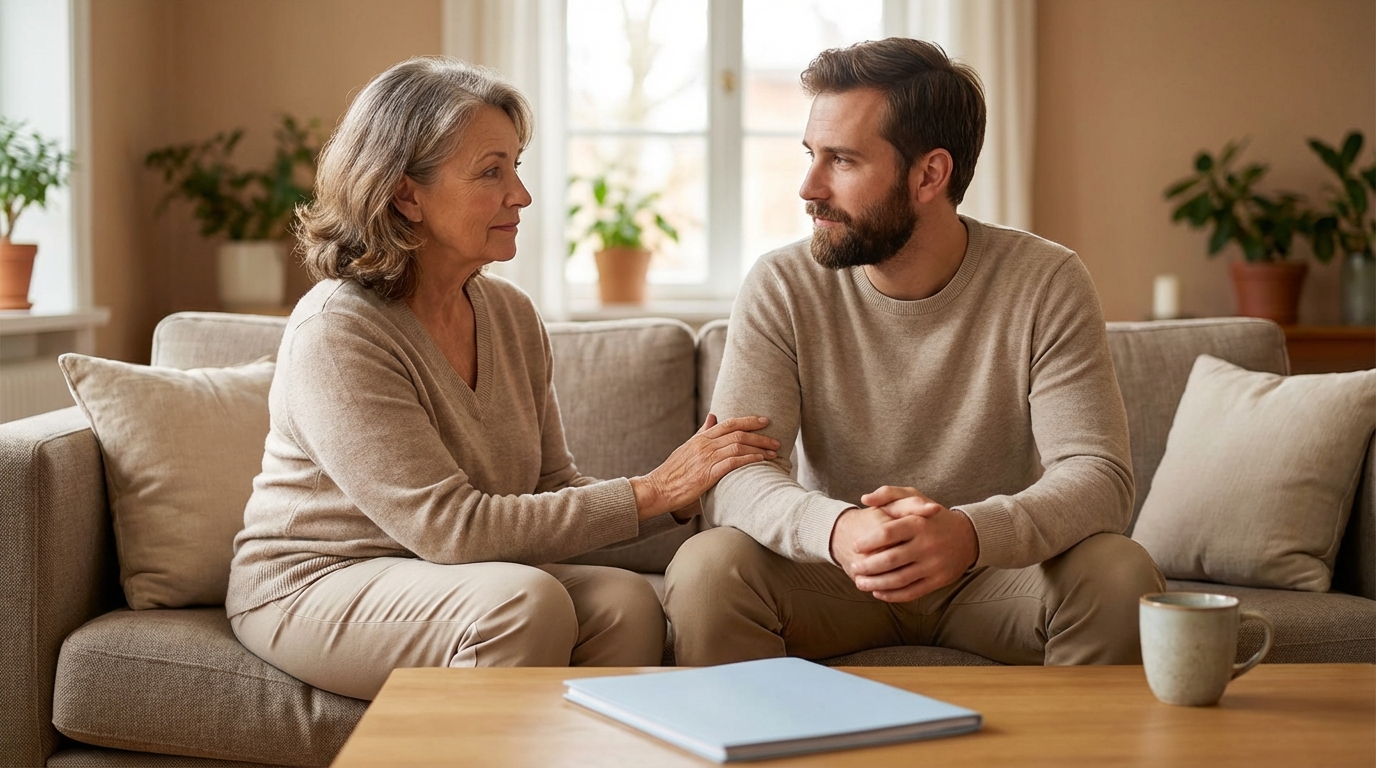 Family support for dual diagnosis recovery—loved one offering calm, compassionate help and treatment resources for mental health and addiction