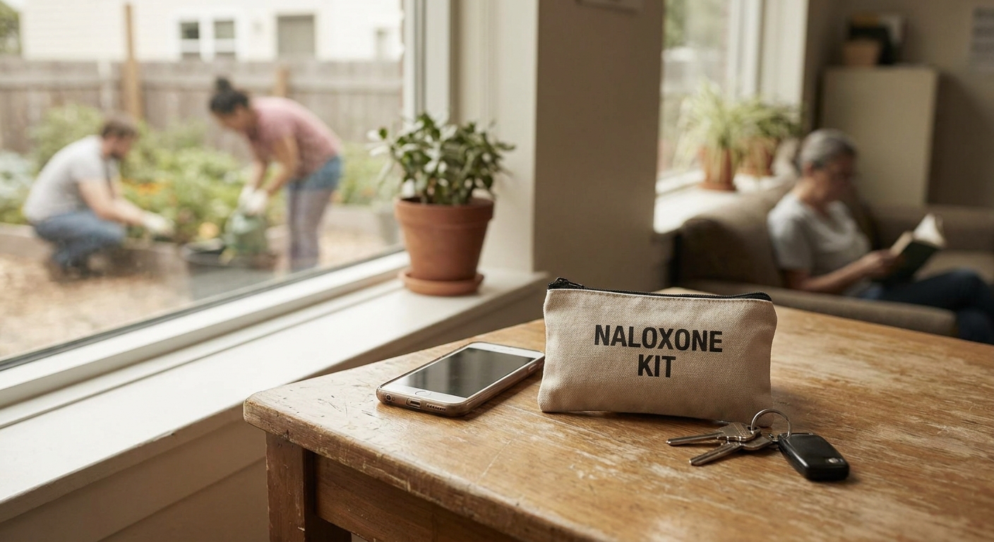 naloxone kit beside phone and keys