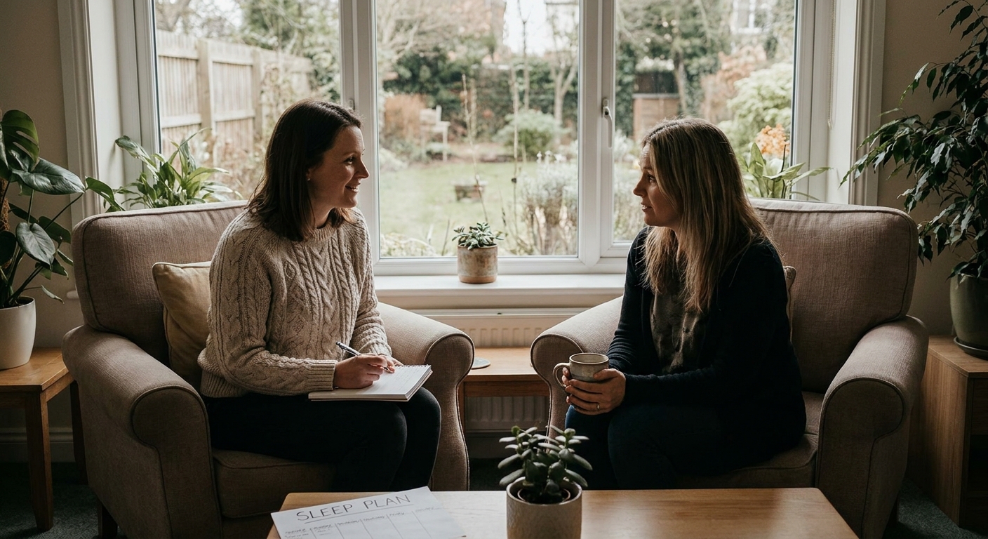 therapist discussing sleep plan with patient