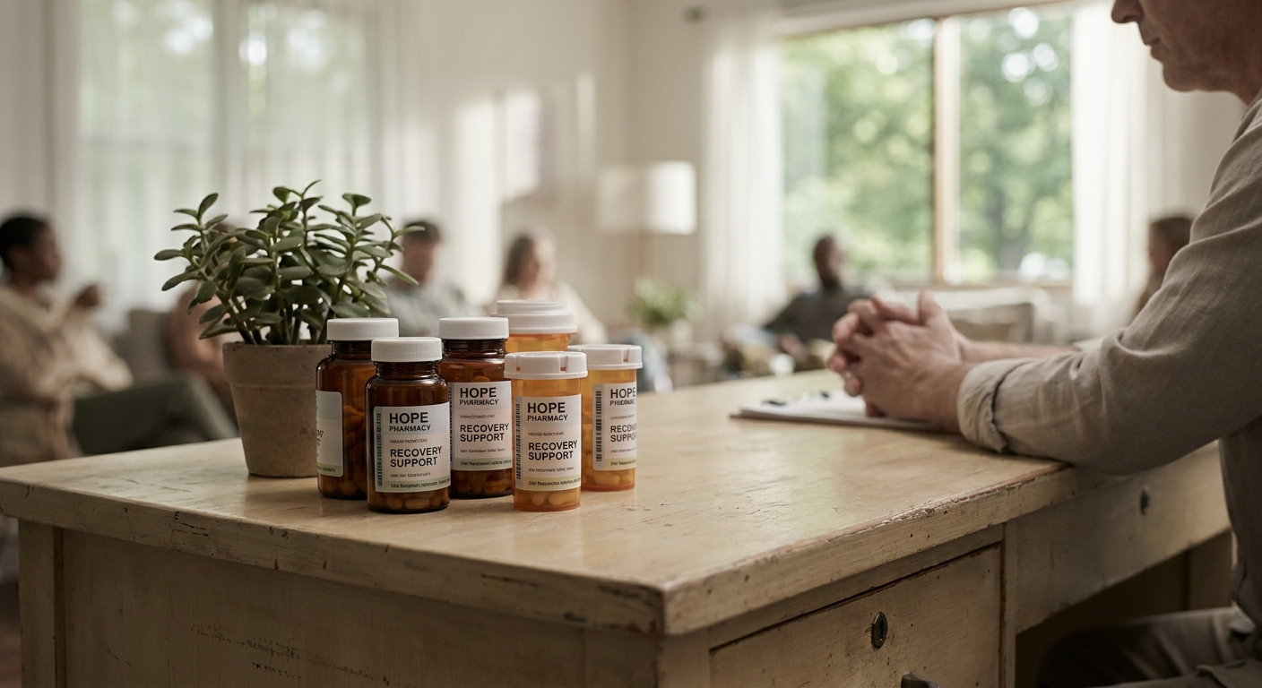 medication bottles on neutral clinical desk
